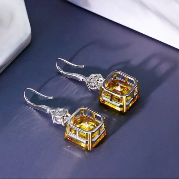 Silver Citrine Yellow Diamond Cubic Zirconia Dangle Earrings - Picture 5 of 6